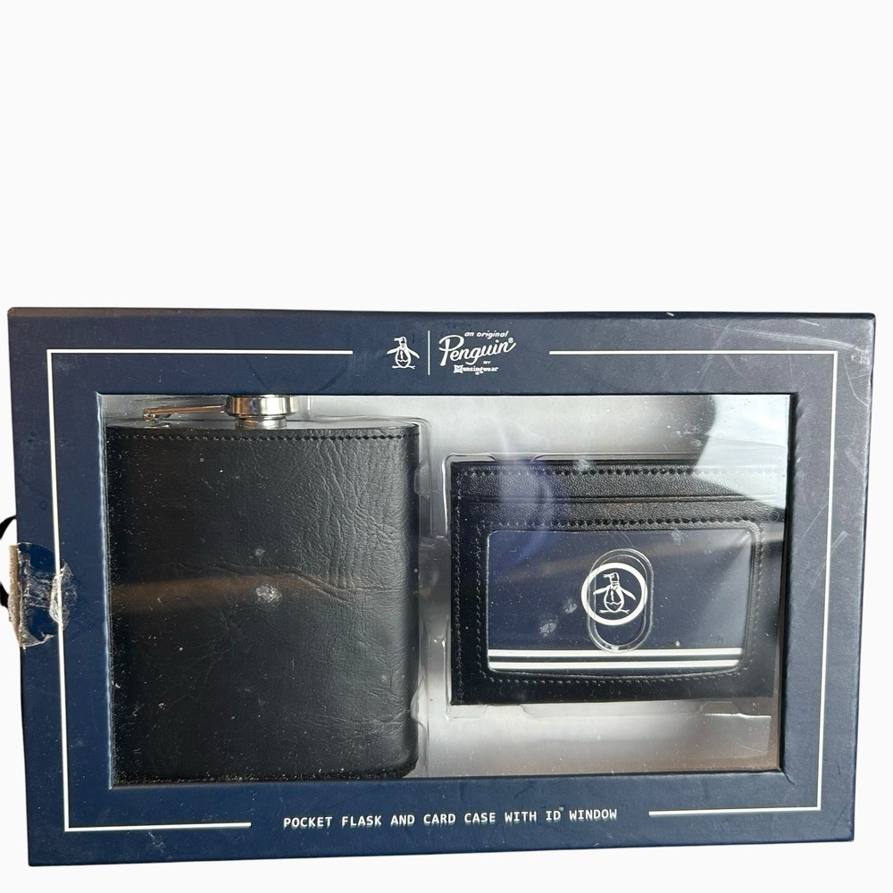 Original Penguin Black Leather Pocket Flask and Credit Card Holder Box Set New